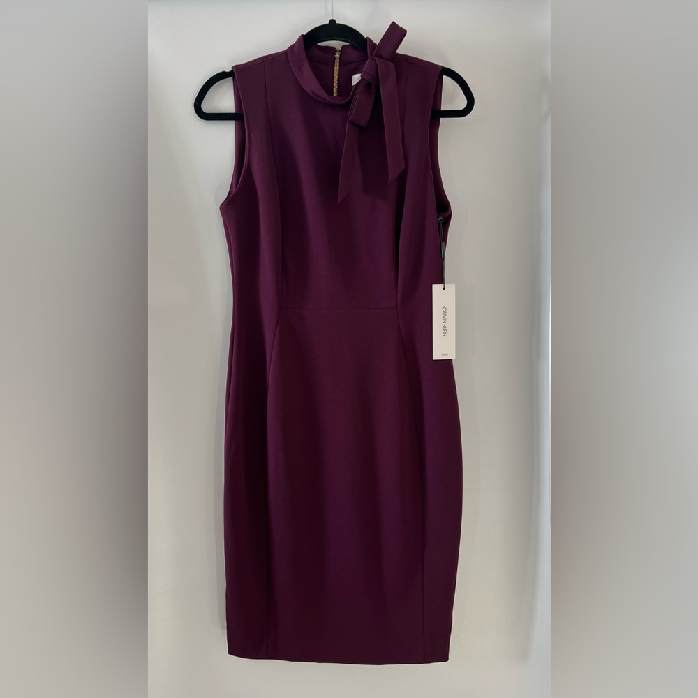 NWT Calvin Klein, Plumb Midi Work Dress, Bow and Gold Zip Details, Size 8